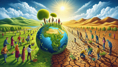 Earth Day concept. Group of people on earth planet in the desertの写真素材