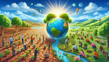 People and planet earth in the desert. Concept of environment protection.の写真素材