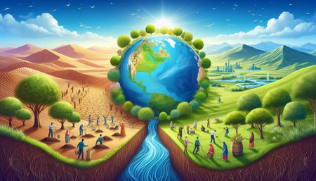 People walking in the desert with planet earth, 3d illustration.