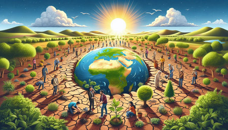 Earth day concept. Group of people around the planet. 3D rendering