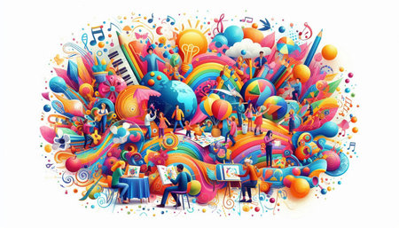 Music background with people and musical instruments. Colorful vector illustration.の写真素材