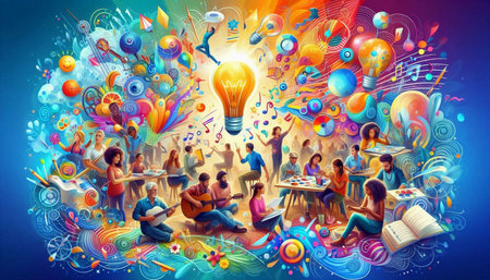 Group of people sitting at table and listening to music. Colorful background