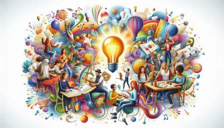 Idea and creativity concept. Group of people sitting at table and drawing creative artwork.