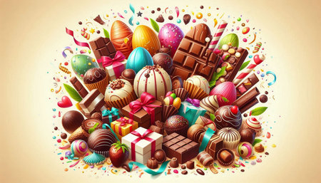 Easter background with chocolate candies and sweets. Vector illustration.