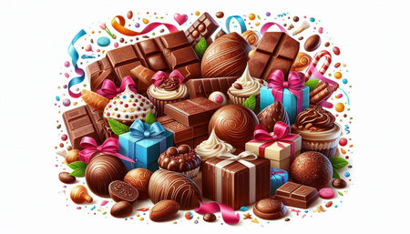 Illustration of assorted chocolate candies with gift boxes on white background