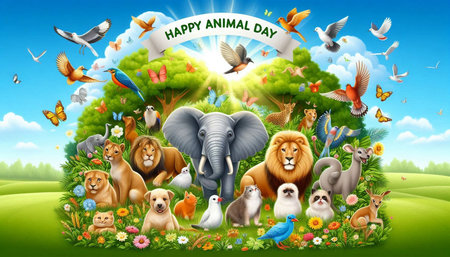 Happy world wildlife day background with animals and birds. Vector illustration.の写真素材
