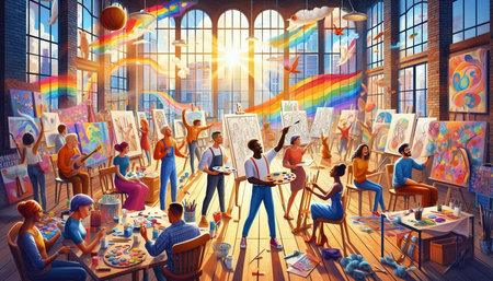 People painting on canvas in art studio. Creativity and inspiration concept.