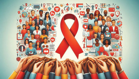 Group of people with red ribbon and social media icons.