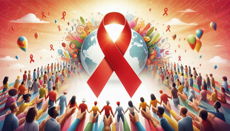 World Aids Day Awareness Ribbon Concept. Crowd of People with Red Ribbon around Earth Globe.の写真素材