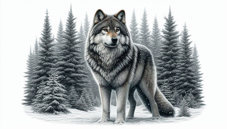 Illustration of a wolf in the winter forest. Canis lupus