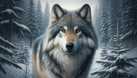 Portrait of a wolf in a winter forest. 3D rendering