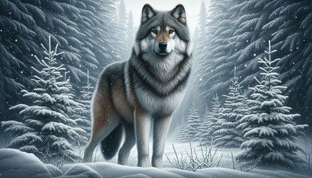 Illustration of a wolf in the winter forest. 3d renderingの写真素材