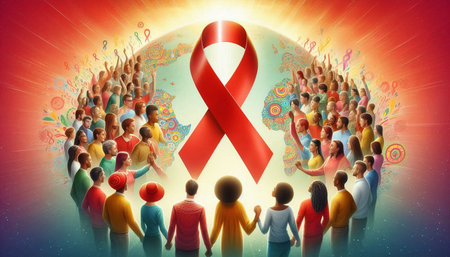 World AIDS Day concept. Multiethnic people with red ribbon.の写真素材