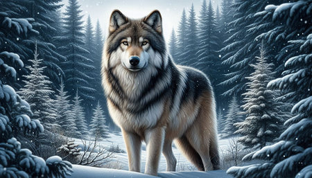 Beautiful wolf in the winter forest. 3d rendering illustration.