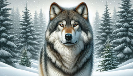 3D rendering of a wolf in winter forest with fir trees.
