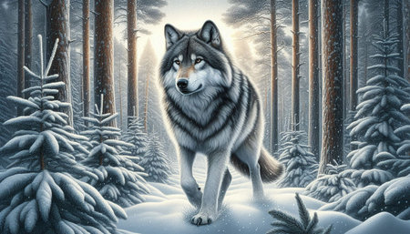 Illustration of a wolf in the winter forest. 3d rendering