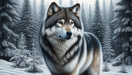 Portrait of a wolf in a winter forest. 3D rendering