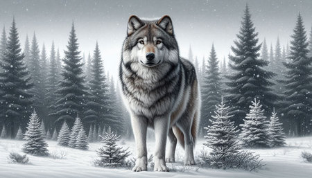 3D illustration of a wolf in the winter forest. 3D rendering