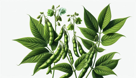 Bunch of soybeans with leaves and pods. Vector illustration.