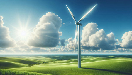 Wind turbines on green field with blue sky and sun. 3d rendering