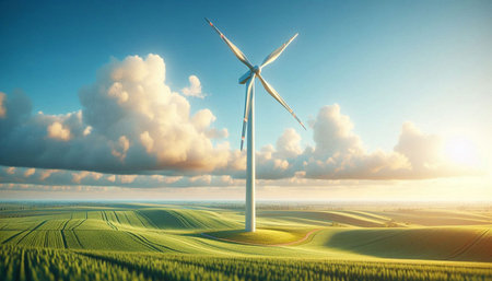 Wind turbines in green field. Alternative energy source. 3D rendering