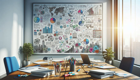 Interior of modern meeting room with business sketches on wall. 3D Rendering