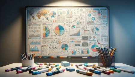 Drawing on a whiteboard with charts and graphs on it.