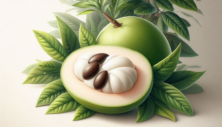 Fresh sapodilla fruit and green leaves on white background. 3d illustration