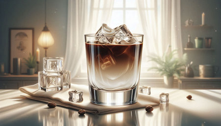 Iced coffee in a glass with ice cubes. 3d rendering
