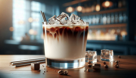Glass of tasty latte macchiato on table in bar