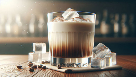 Coffee with marshmallow in a glass on a wooden table