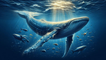 Whale in deep blue ocean. 3D illustration. Clip art.の写真素材