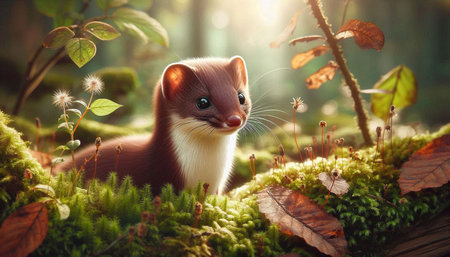 Beautiful weasel in the forest. Animal in the nature.