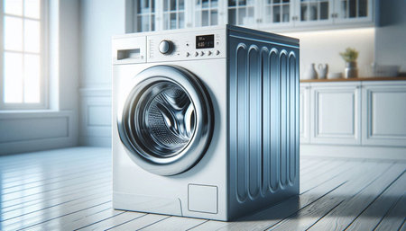 Washing machine in a modern kitchen. 3D rendering. Toned image.