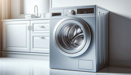 Modern washing machine in the kitchen. Close-up. 3d rendering