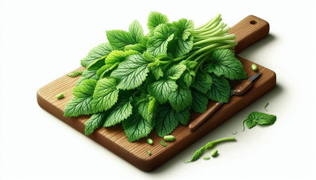 Fresh green mint leaves on wooden cutting board isolated on white background.