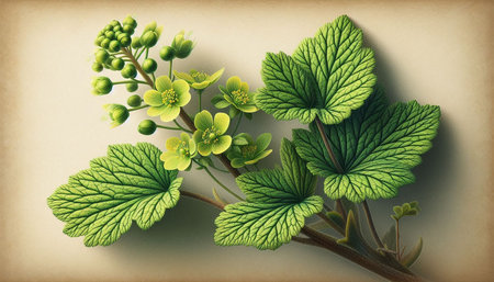 Vintage illustration of green leaves and flowers on old paper background.