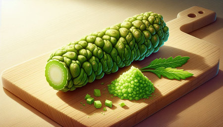 sushi roll with cucumber on a wooden board, 3d illustration