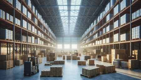 Warehouse interior with rows of wooden pallets. 3d rendering
