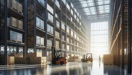 Forklift in warehouse. Logistics and transportation concept. 3D Rendering
