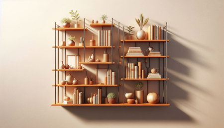 Wooden bookshelves with books and plants. 3d renderingの写真素材