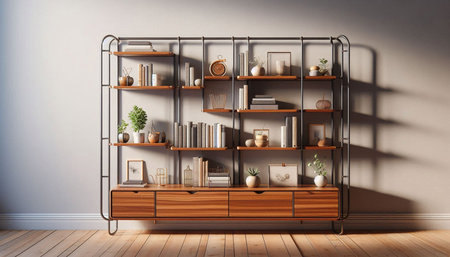 Wooden bookshelf with books in modern interior. 3d render
