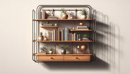 Wooden bookshelf with books and plants. 3D rendering
