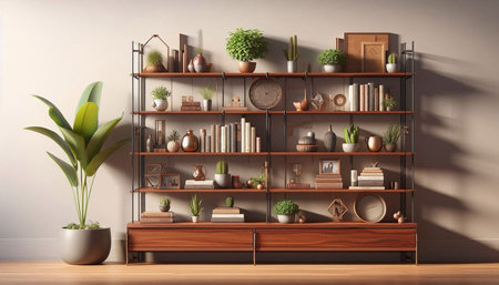 3d rendering bookshelves in the living room with plants and decorationsの写真素材