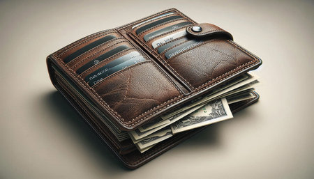 Brown leather wallet with dollars on a gray background. Selective focus.の写真素材