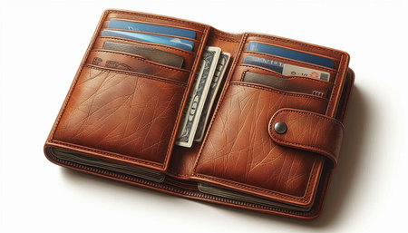 Brown leather wallet with credit cards on a white background. Isolated