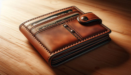 wallet on the wooden table, closeup of photo with soft focus