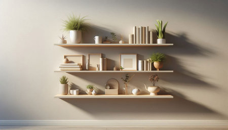 Shelf with books and plants in room. 3d rendering.の写真素材