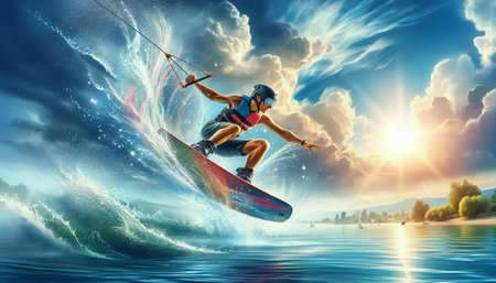 Young man riding a wakeboard on the water. Mixed media. Mixed media