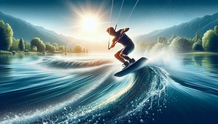 Extreme sport concept as a man riding a wakeboard on a lake or river with mountains in the...